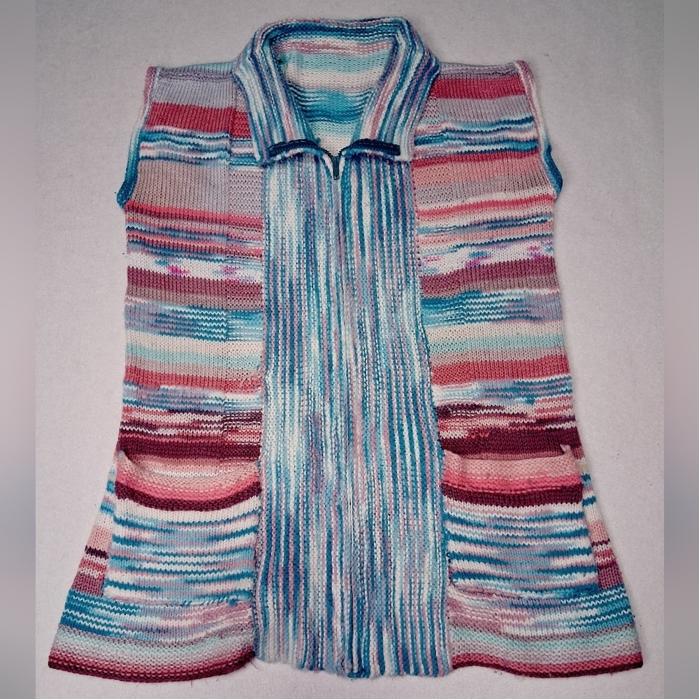 Vintage Handmade Multicolor Striped Knit Vest Zip Up